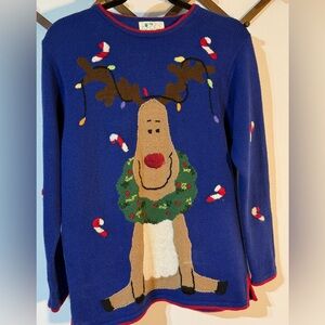 Quacker Factory Womens Blue Happy Reindeer Christmas Sweater Ramie/Cotton/angora
